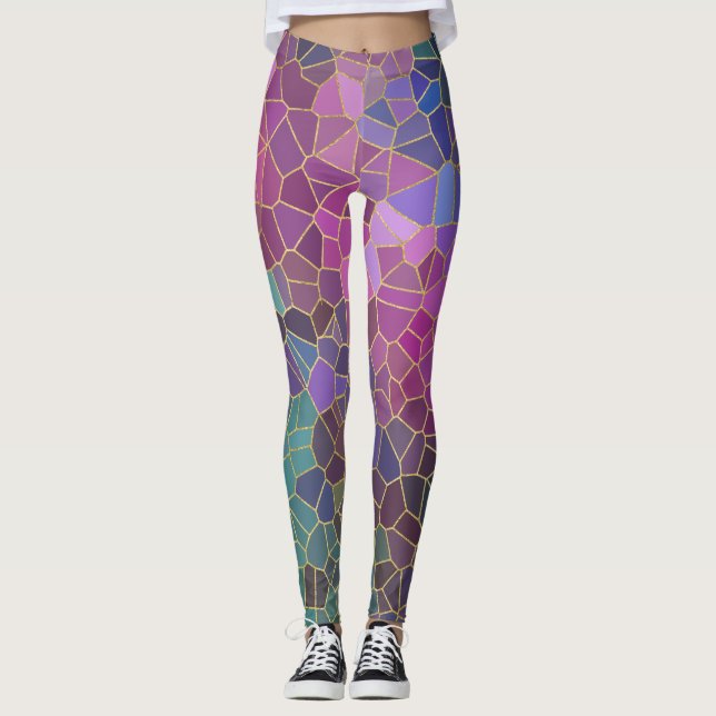 Mosaikmuster aus rosa Lila, Aquamarinem, blaugrüne Leggings (Vorderseite)