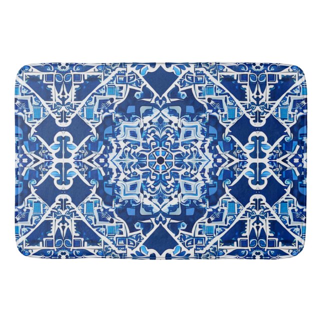 Mosaikmuster in Indigo und Cobalt Blue Badematte (Vorderseite)