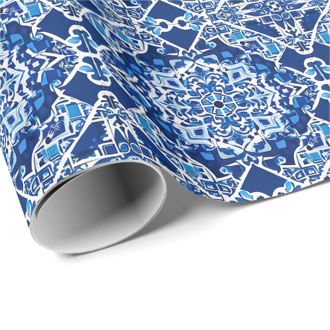 Mosaikmuster in Indigo und Cobalt Blue Geschenkpapier (Rolleneckpunkt)