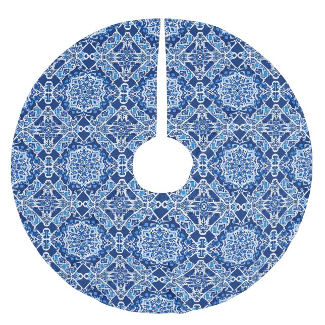Mosaikmuster in Indigo und Cobalt Blue Polyester Weihnachtsbaumdecke (Vorderseite)