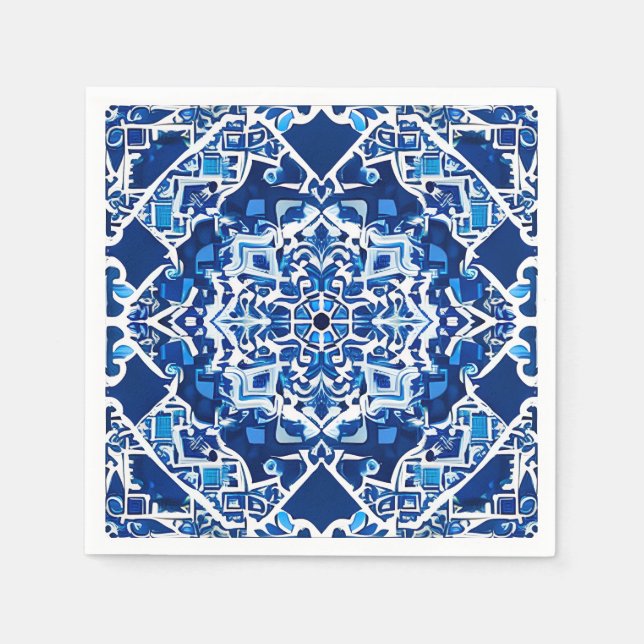 Mosaikmuster in Indigo und Cobalt Blue Serviette (Vorderseite)
