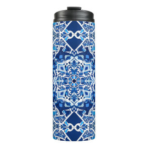 Mosaikmuster in Indigo und Cobalt Blue Thermosbecher