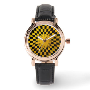 Mosaikmuster mit schwarzem und Gold-Checked-Quadra Armbanduhr