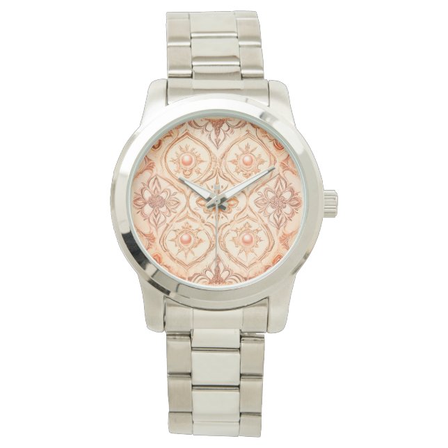 Mosaikpfirsich mit Perlendesign Art, Women Armbanduhr (Vorderseite)