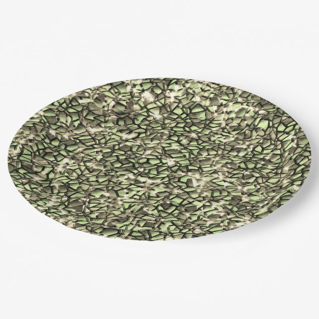 Mosaikschichten in rauem grünem Sepia und glitzern Pappteller (Schrägansicht)