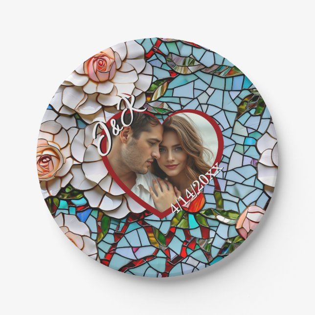 Mosaikverziertes Glas und Personalisierte Hochzeit Pappteller (Vorderseite)