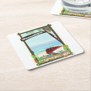 Mosambik Fischerboot Cartoon Urlaubsposter Rechteckiger Pappuntersetzer