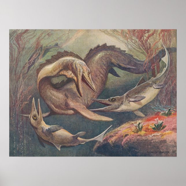 Mosasaurus Ichthyosaurus Antiquitätendruck Poster (Vorne)