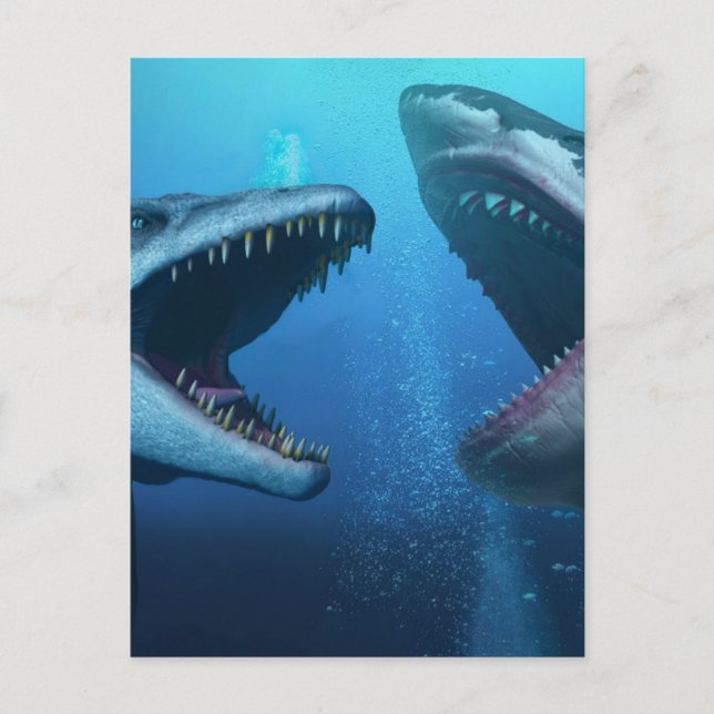 Mosasaurus versus Megalodon Postkarte (Vorderseite)