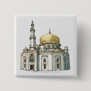 Moschee mit Goldzwiebelhaube und -minarett Button