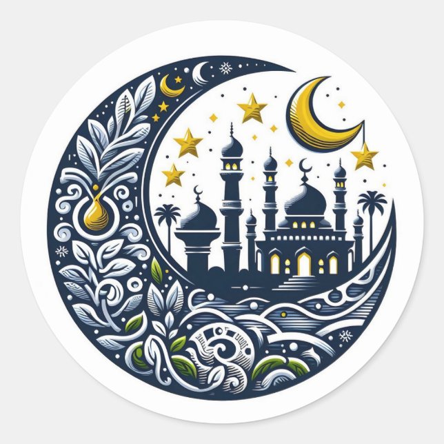 Moschee und Verzierter Mond Runder Aufkleber (Vorderseite)