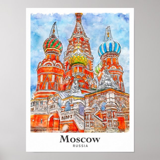 Moskau Russland Reisen Wasserfarben Hand gezogen Poster (Vorne)