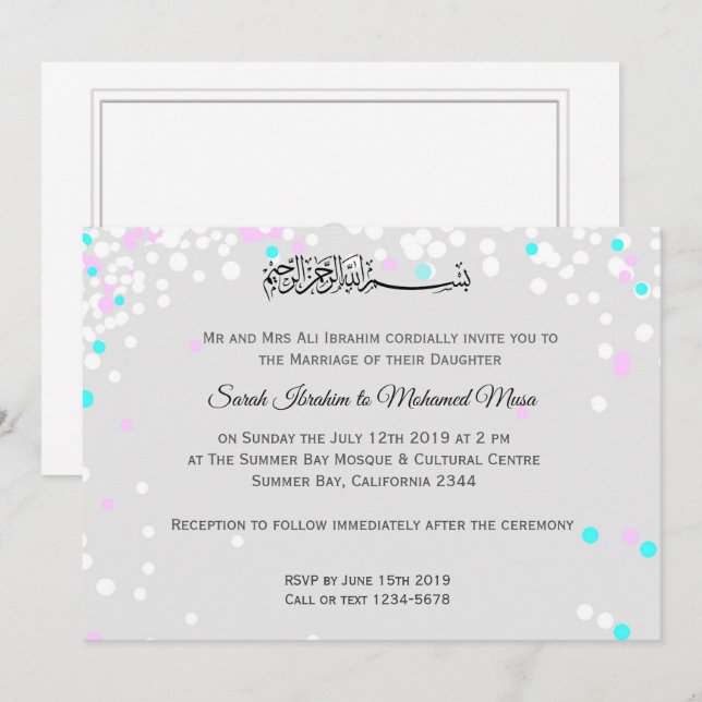 Moslemische Hochzeit des weißen Confetti Einladung (Vorne/Hinten)