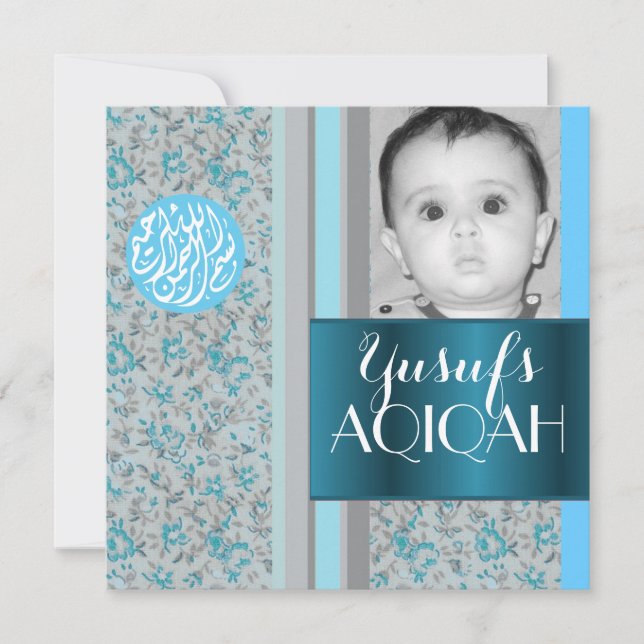 Moslemisches Babyjunge blaues aqiqah Foto Einladung (Vorderseite)