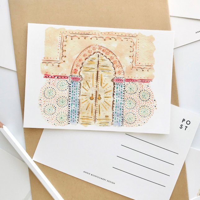 Mosquée marocaine Portes Aquarelle Carte postale V (Moroccan Mosque Doors Watercolor Travel Postcard)