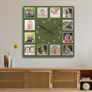 Moss Green 12 Photo Collage Personalized Quadratische Wanduhr