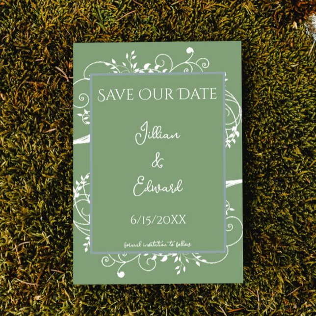 Moss Green Blüh Ankündigung Datum freihalten (Moss Green Flourish Save the Date Wedding Announcement)