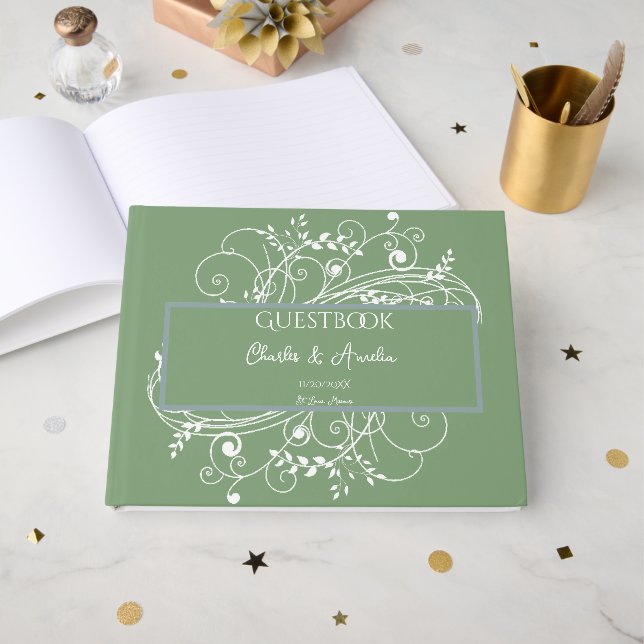 Moss Green Blüh Wedding Gästebuch (Vorderseite Offen)