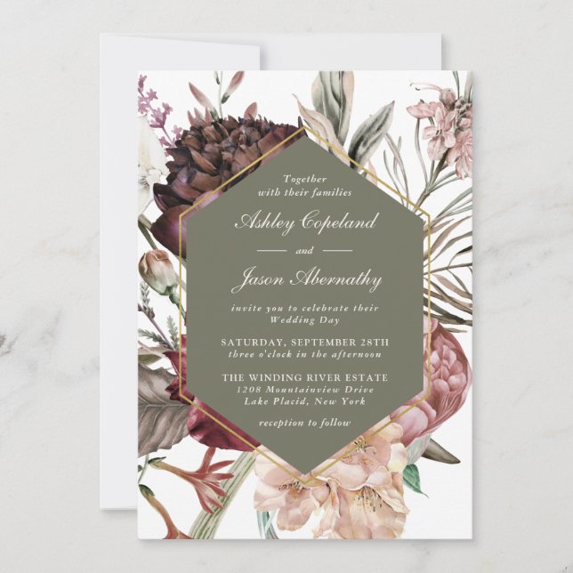 Moss Green Boho Fantasy Watercolor Floral Wedding Einladung (Vorderseite)