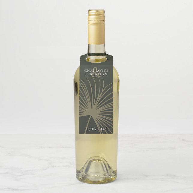 Moss Green Botanical Fan Elegante Hochzeit Flaschenanhänger (Auf Flasche)
