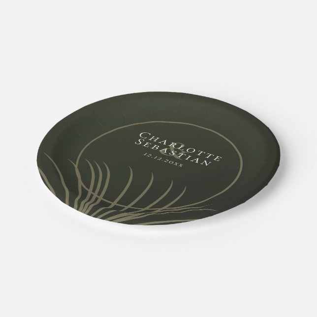 Moss Green Botanical Fan Elegante Hochzeit Pappteller (Schrägansicht)