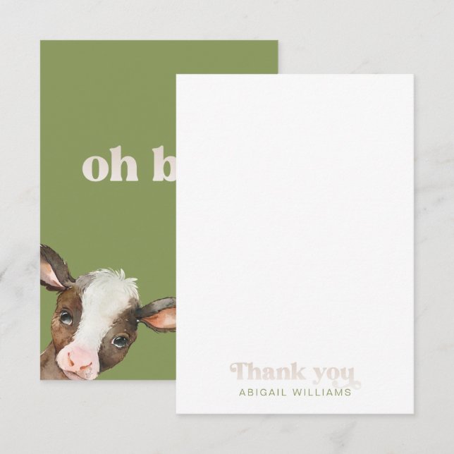 Moss Green Cow Oh Boy Baby shower Merci (Devant / Derrière)