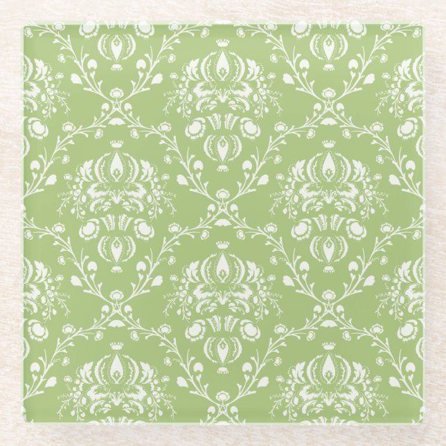 Moss Green Damask Glasuntersetzer (Vorderseite)