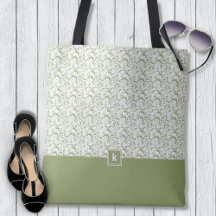 Moss Green Damask Patte Monogramme Sac fourre-tout