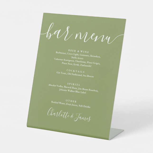 Moss Green Elegant Modern Script Wedding Bar Menu Sockelschild (Vorderseite)