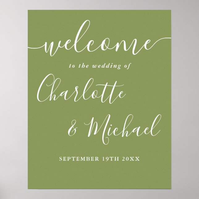 Moss Green Elegante Moderne Hochzeit Begrüßungszei Poster (Vorne)
