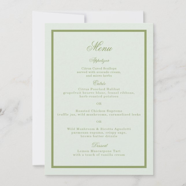 Moss Green Estate Wedding Menu Card Einladung (Vorderseite)