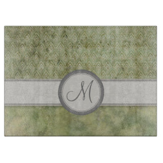 Moss Green Feather Pattern mit grauem Monogramm Schneidebrett