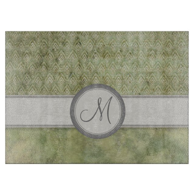 Moss Green Feather Pattern mit grauem Monogramm Schneidebrett (Vorderseite)