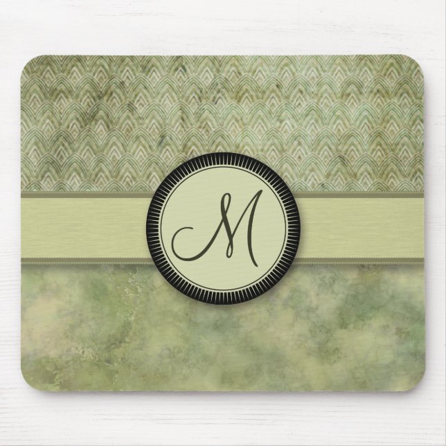 Moss Green Feather Pattern mit Monogramm Mousepad (Vorne)