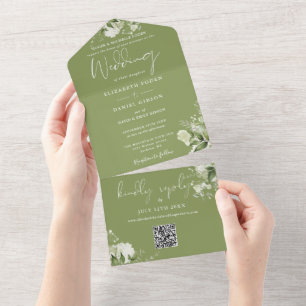 Moss Green Floral Greenerity QR Code Wedding All In One Einladung