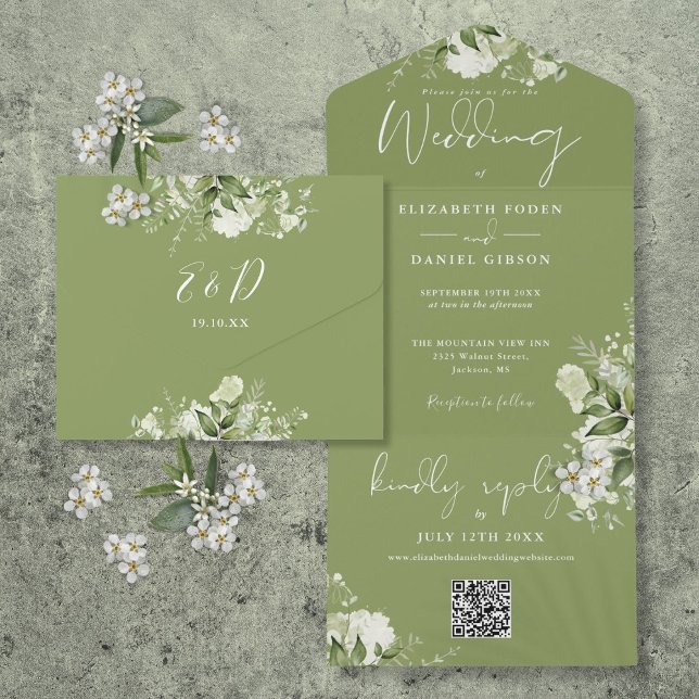 Moss Green Floral QR Code Monogram Wedding All In One Einladung (Moss Green Floral QR Code Monogram Wedding All In One Invitation)