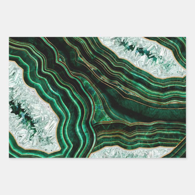 Moss Green Geode and Crystals Digital Art Geschenkpapier Set (Vorderseite)