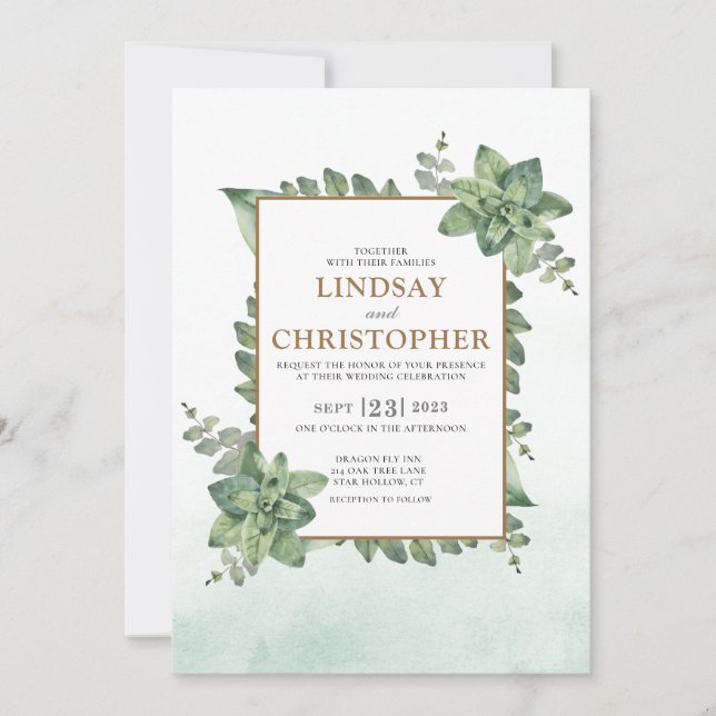 Moss Green Gold Watercolor Succulent Frame Wedding Einladung (Vorderseite)