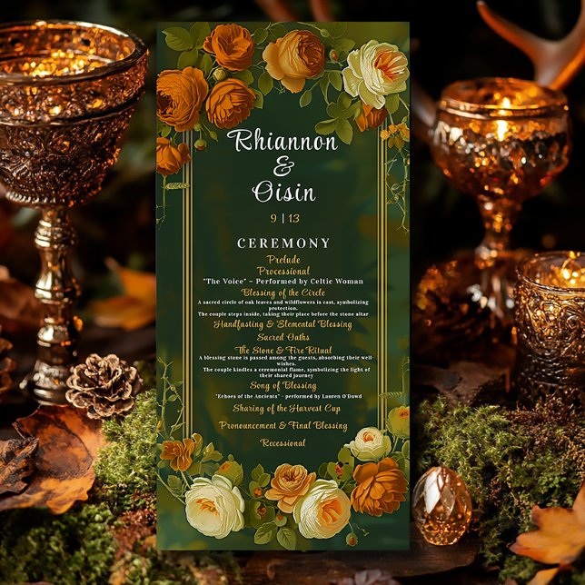Moss Green & Gold Woodland Druid Hills Wedding Programm (Elegant Autumn Druid Hill Floral Wedding Program )