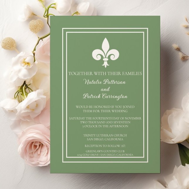 Moss Green Lilie Wedding Einladung (Moss Green Fleur de Lis Wedding Invitation)