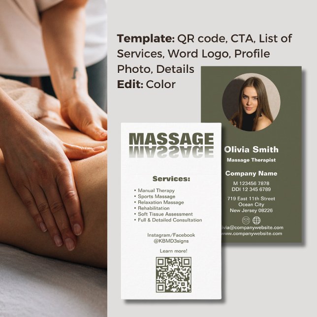 Moss Green Massage Therapeutic Business Card Treuekarte (Moss Green Massage Therapist Business Card, Word Logo, Service List, CTA, QR code< Profile Photo)