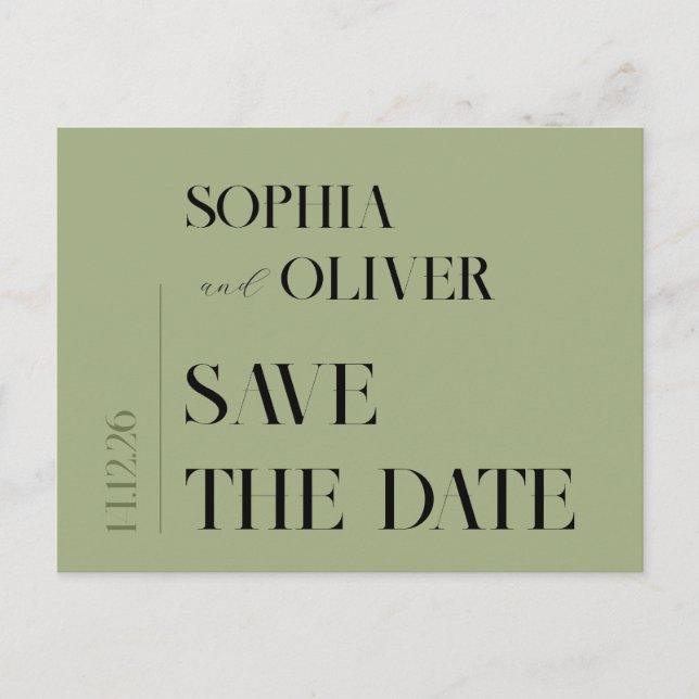 Moss green minimalistische Typografie Save the Dat Postkarte (Vorderseite)