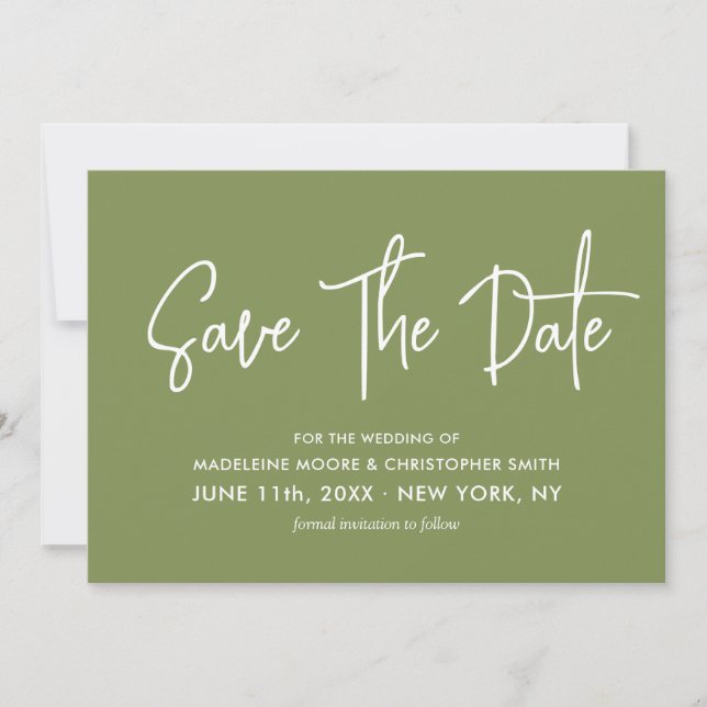 Moss Green Modern Calligraphy Scannable QR Code Save The Date (Vorderseite)