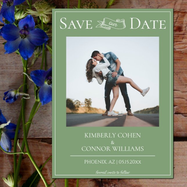 Moss Green Modern Modern Foto Save the Date (Moss Green Modern Photo Save the Date)