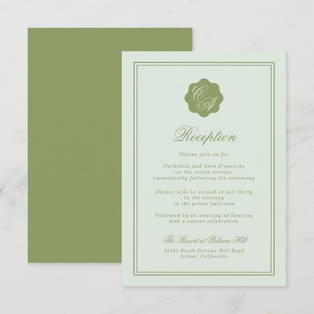Moss Green Monogram Reception Card Begleitkarte (Vorne/Hinten)