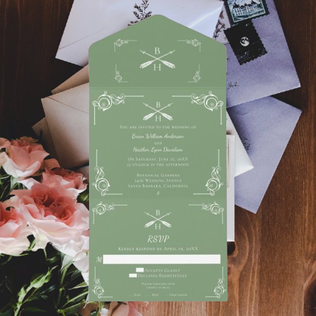 Moss Green Monogram und Arrows Wedding All In One Einladung (Moss Green Monogram and Arrows Wedding All in One Invitation)
