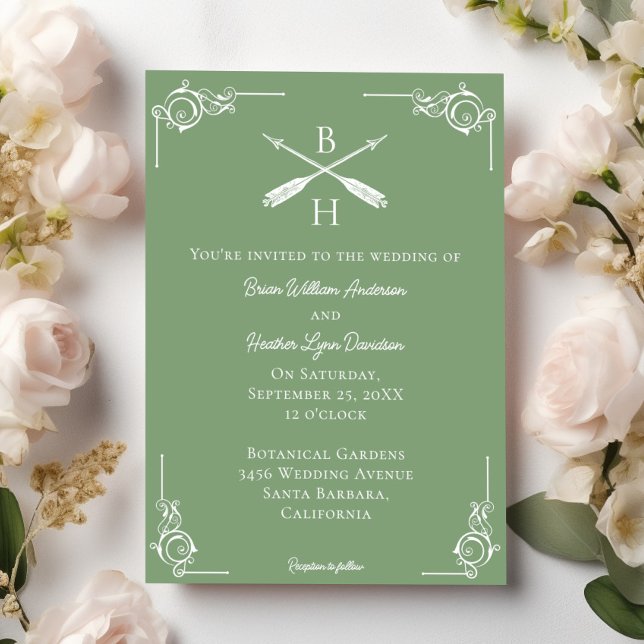 Moss Green Monogram und Arrows Wedding Einladung (Moss Green Monogram and Arrows Wedding Invitation)