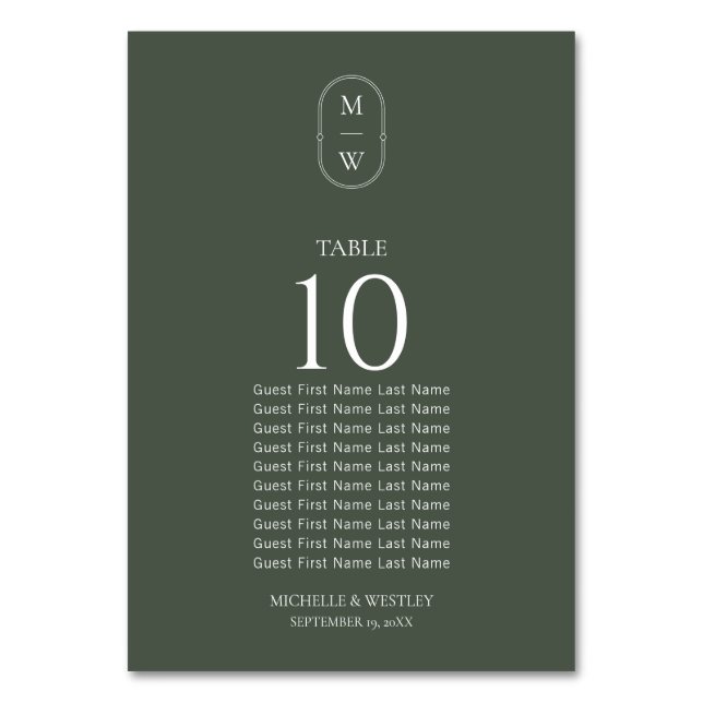 Moss Green Monogram Wedding Chart Tischnummer (Vorderseite)