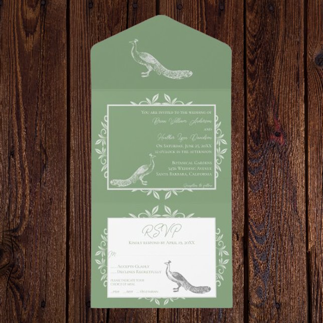 Moss Green Peacock Blühte alle in einer Einladung (Moss Green Peacock Flourish All in One Invitation)