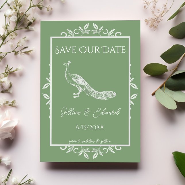 Moss Green Peacock Blühte Save the Date Ankündigung (Moss Green Peacock Flourish Save the Date)